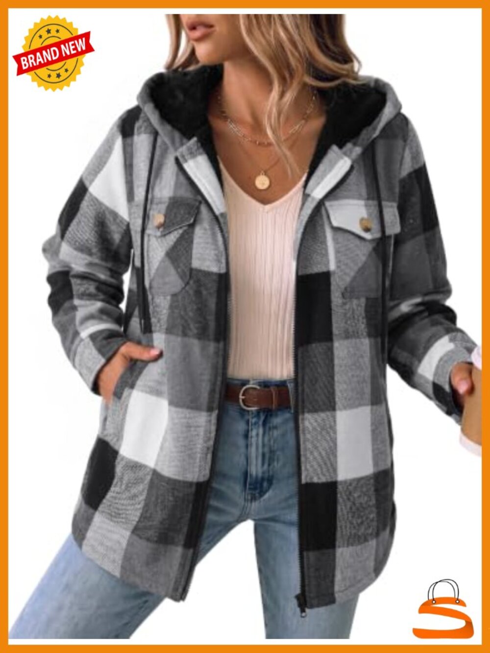 Womens Plaid Flannel Shacket Fleece Lined Hooded Winter Coat